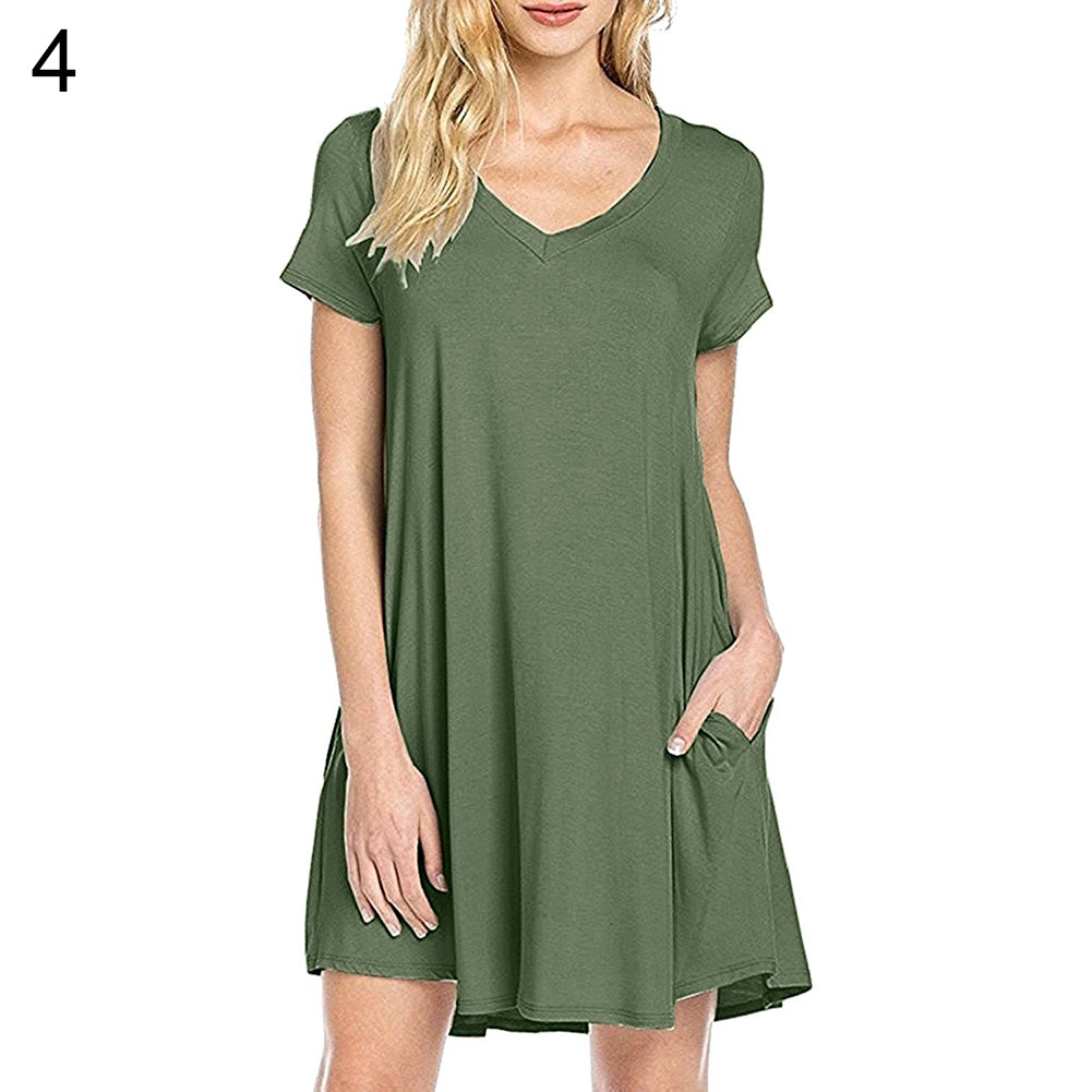 Women's Casual Simple Plain Side Pockets Summer Loose V-Neck T-shirt Dress