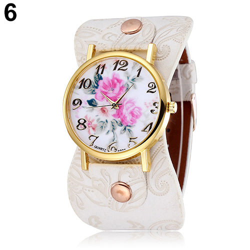 Women's Arabic Numerals Peony Floral Dial Wide Faux Leather Bracelet Wrist Watch