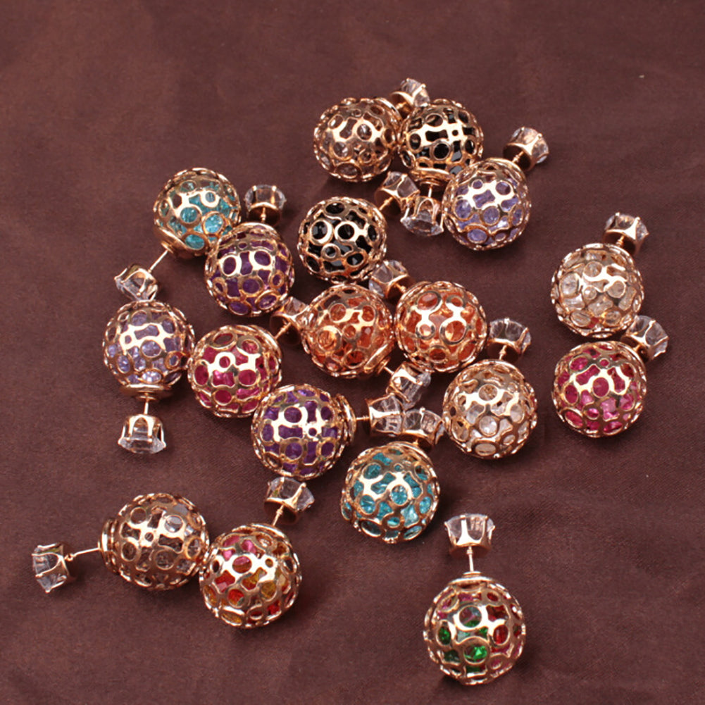 Women Fashion Hollow Ball Ear Jackets Stud Earrings Double Side Piercing Jewelry