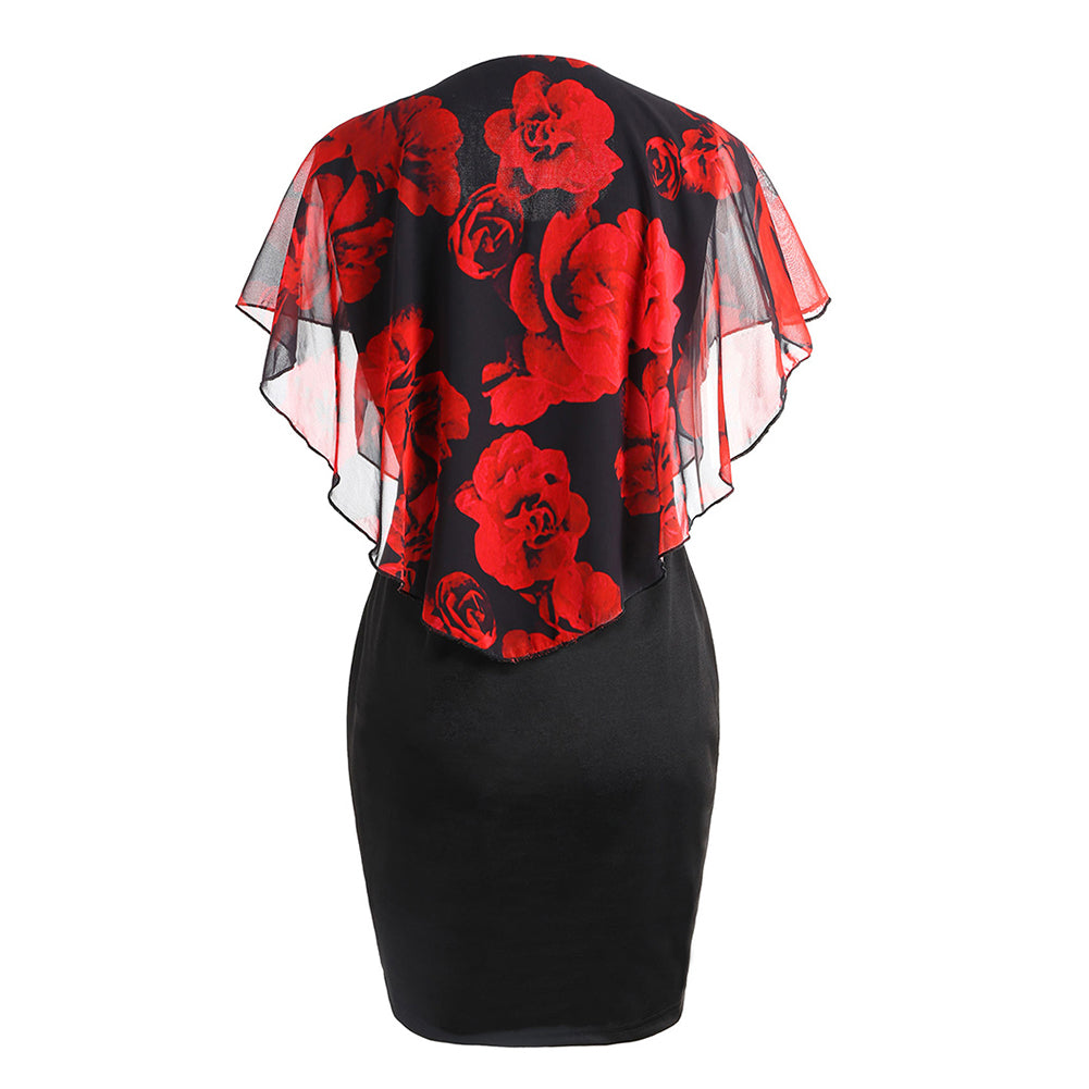 Fashion Elegant Rose Floral Print Shawl Design Round Neck Slim Fit Women Dress