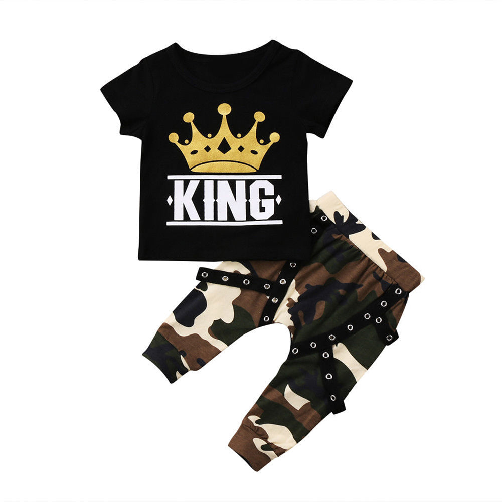 Newborn Kids Baby Boys King Crown Print T-Shirt Top Camo Pants Summer Outfit Set