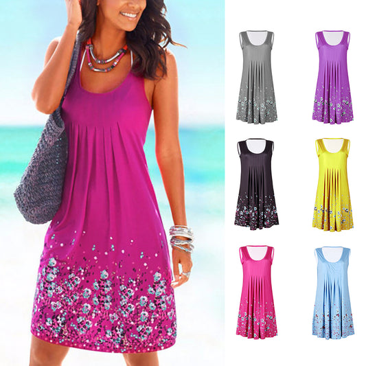 Flower Print Sleeveless Women Loose Summer Beach Evening Party Boho Mini Dress