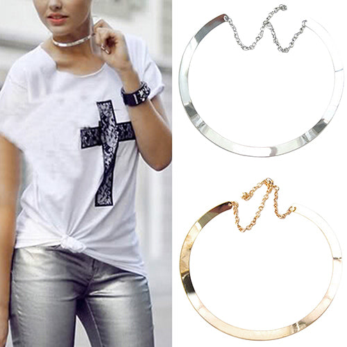 Girl's Thin Mirrored Collar Necklace Shiny Metal Choker Gold Silver Plated Circle Jewelry
