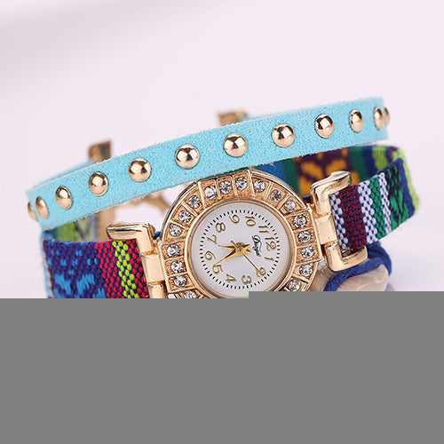 Women's Inlaid Rhinestone Leaf Shell Rivet Faux Leather Braided Band Wrist Watch