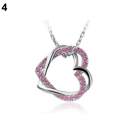 Women's Fashion Silver Plated Double Hearts Rhinestone Pendant Long Necklace