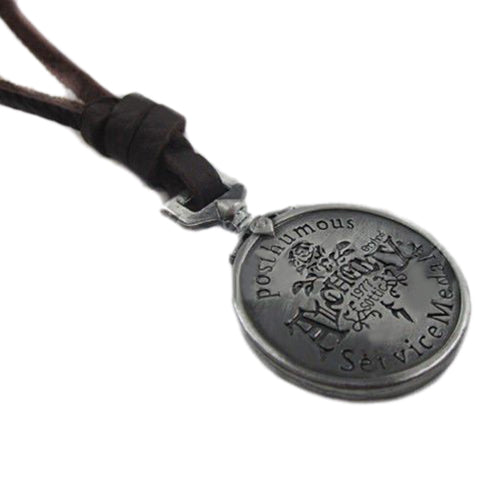 Men's Women's Round Skull Charm Vintage Genuine Leather Necklace Sweater Chain