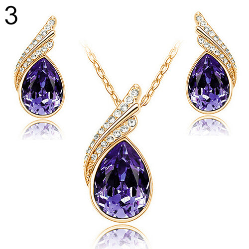 Women's Party Banquet Waterdrop Jewelry Set Crystal Pendant Necklace Earrings Golden Tone