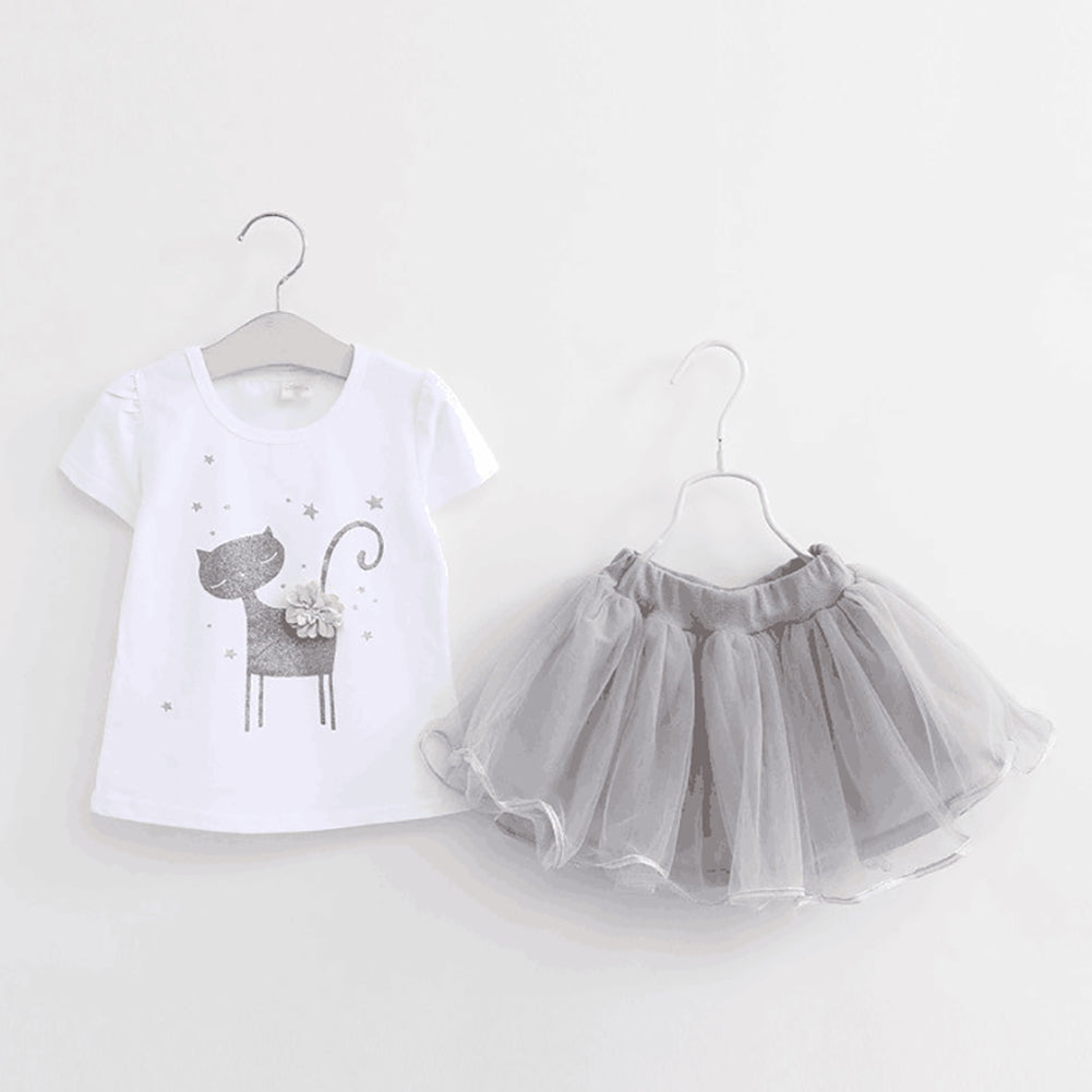 Kids Girls Fashion Cat Pattern T-shirt Short Sleeve Dancewear Party Tutu Skirt Set