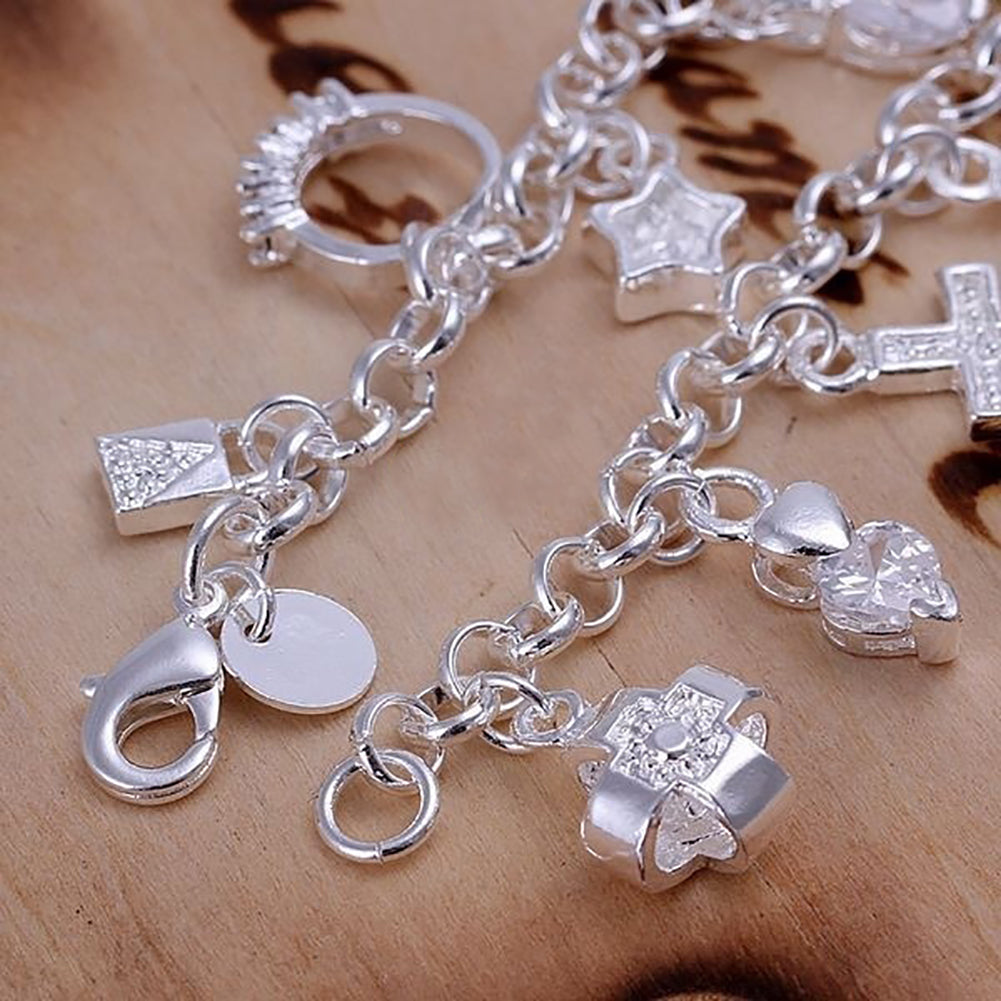 Women Silver Plated Cross Moon Star 13 Charms Pendants Bracelet Bangle Jewelry