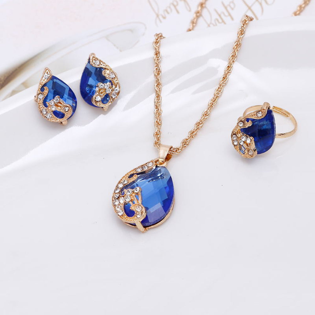 Women Jewelry Set Shiny Water-Drop Shape Rhinestone Necklace Earrings Ring Gift