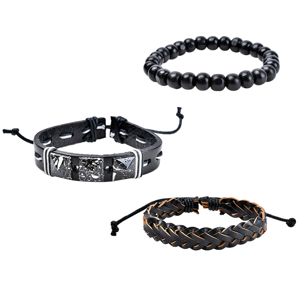 3Pcs Adjustable Faux Leather Braid Bracelets Men's Beads Bangle Bracelet Jewelry