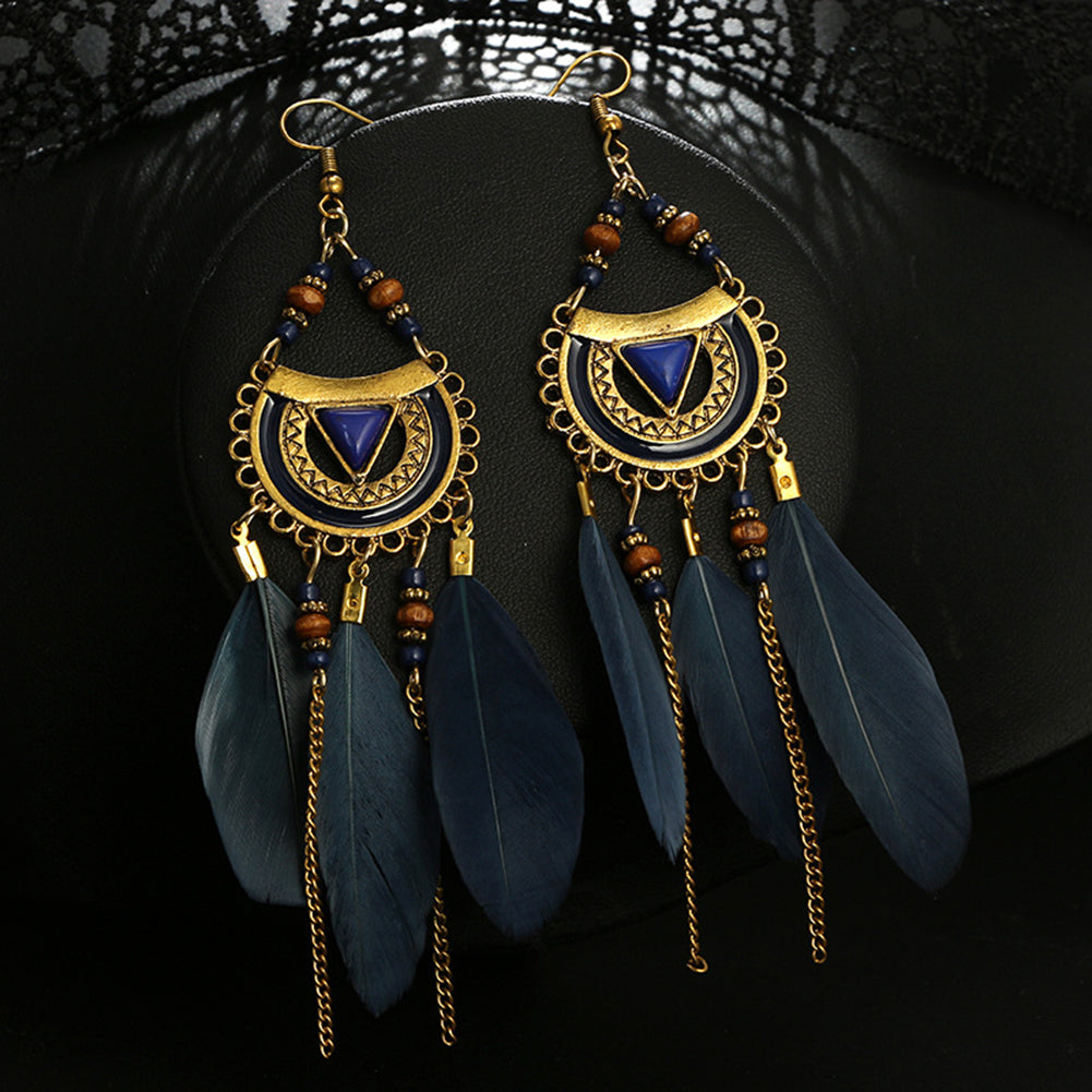 Women Retro Ethnic Hollow Feather Tassel Hook Earring Chain Bead Jewelry Gift