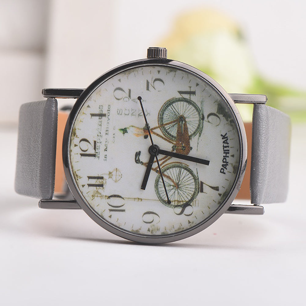 Vintage Bike Print Round Dial Analog Faux Leather Band Quartz Women Wrist Watch