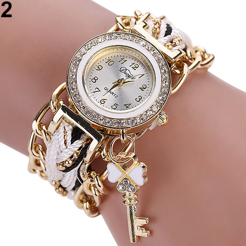 Women's Fashion Rhinestone Clover Key Pendant Braided String Chain Wrist Watch