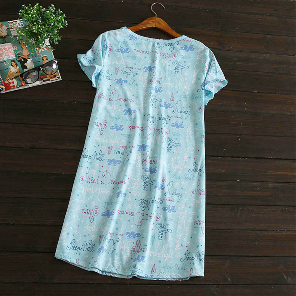 Letter print Sleepwear Cotton women sleep shirts short sleeve plus size Nightgown green BY69
