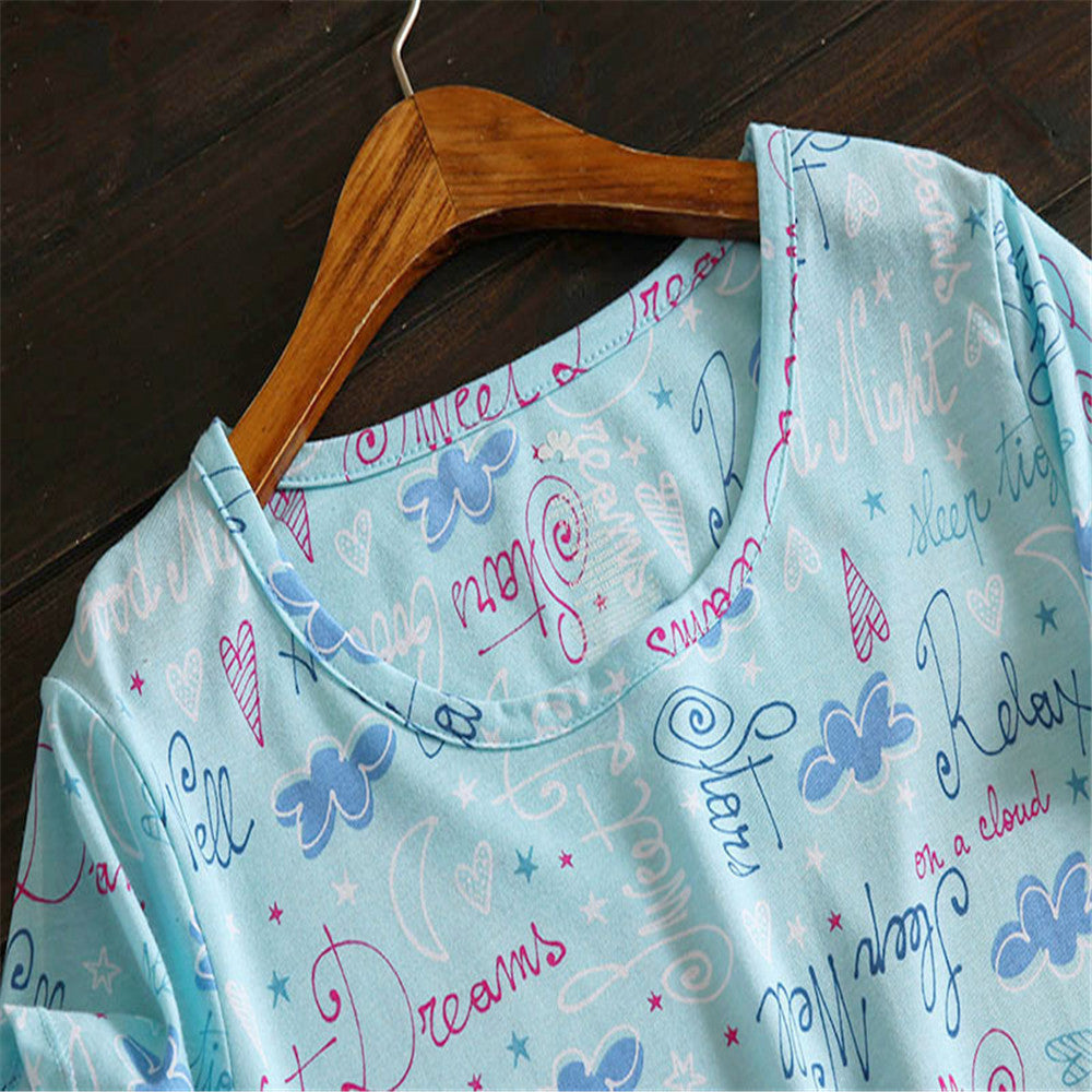 Letter print Sleepwear Cotton women sleep shirts short sleeve plus size Nightgown green BY69