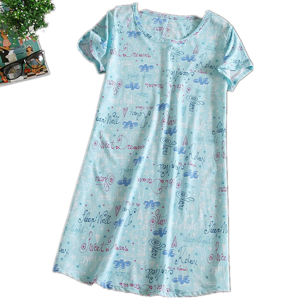 Letter print Sleepwear Cotton women sleep shirts short sleeve plus size Nightgown green BY69