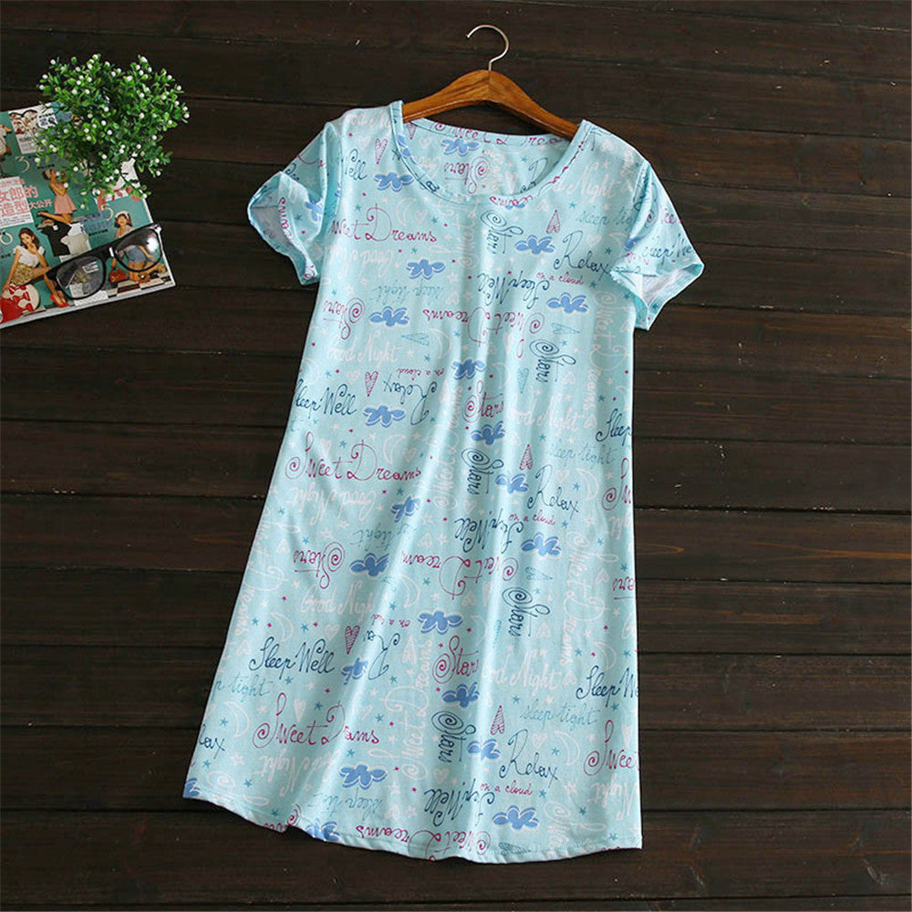 Letter print Sleepwear Cotton women sleep shirts short sleeve plus size Nightgown green BY69