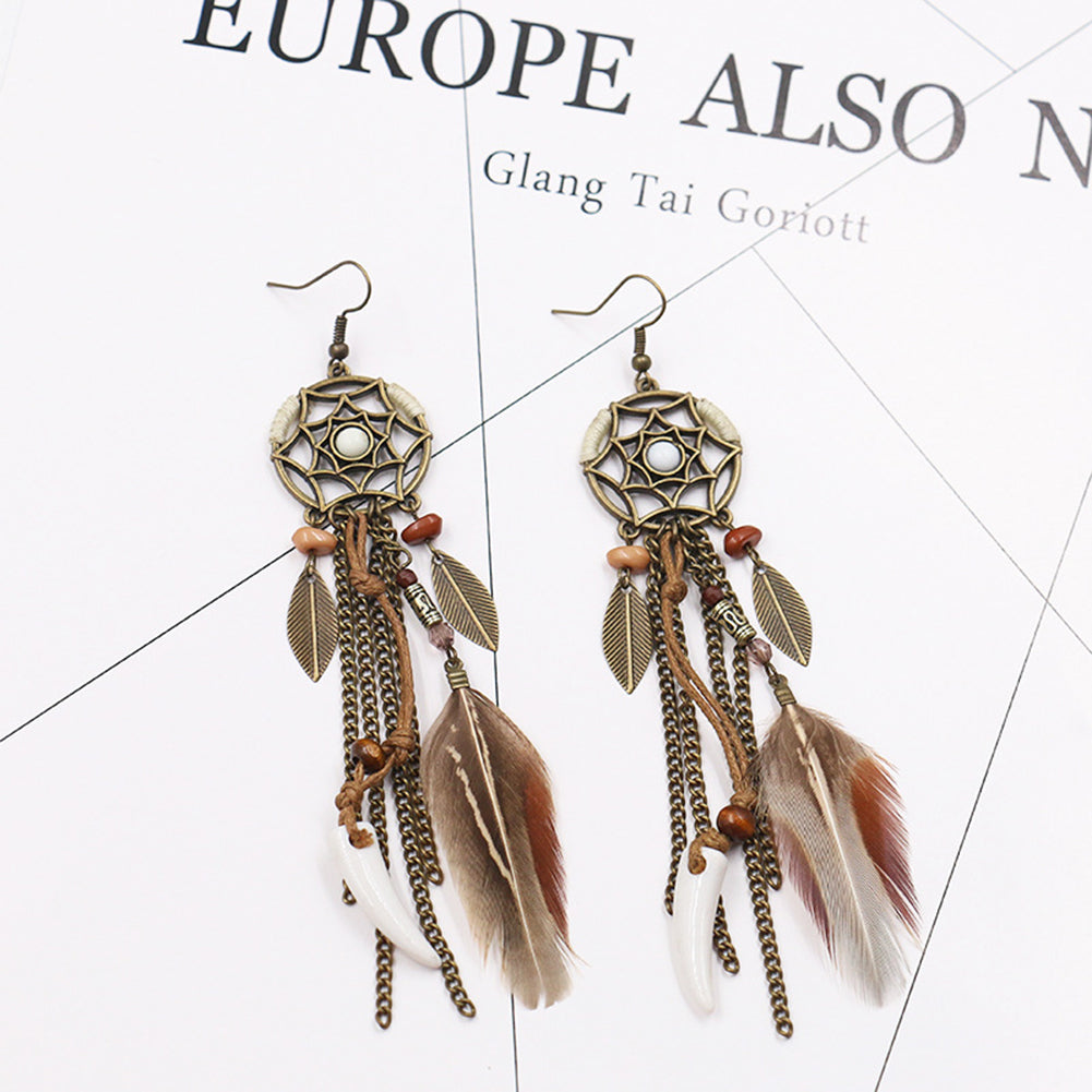 Retro Hollowed Star Feather Leaves Tassels Hook Earrings Women Ear Charm Decor