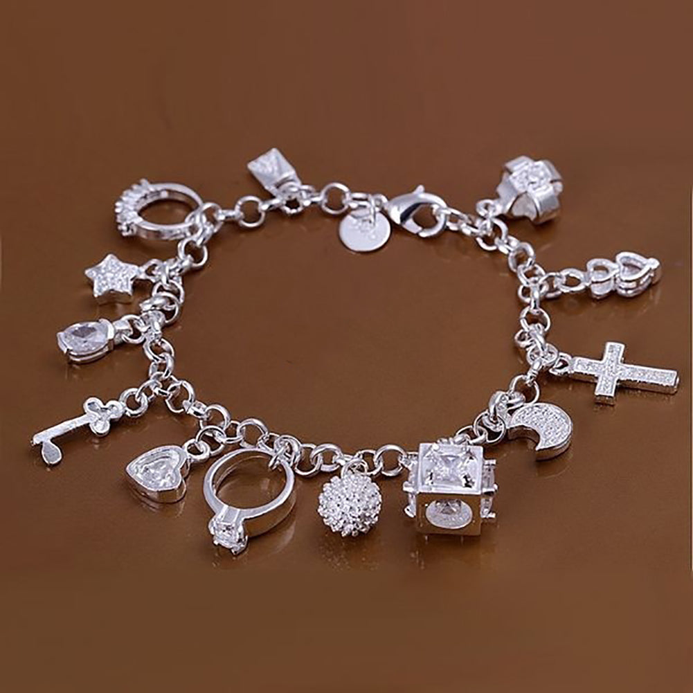 Women Silver Plated Cross Moon Star 13 Charms Pendants Bracelet Bangle Jewelry