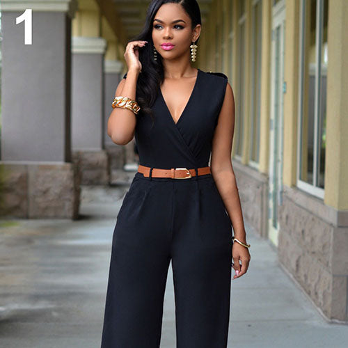 Women Fashion Elegant Jumpsuit Sexy V-neck Wide Leg Slim Casual Overalls with Belt