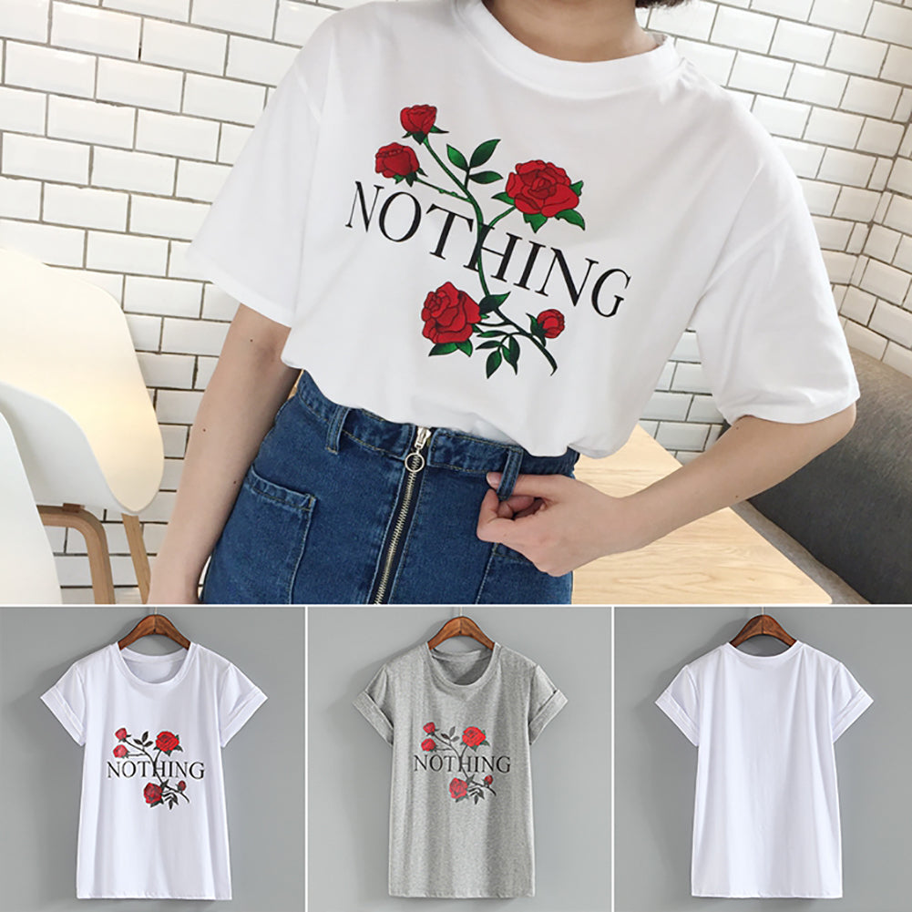 Nothing Letter Print Rose Flower Short Sleeve T-shirt Summer Women's Tee Top