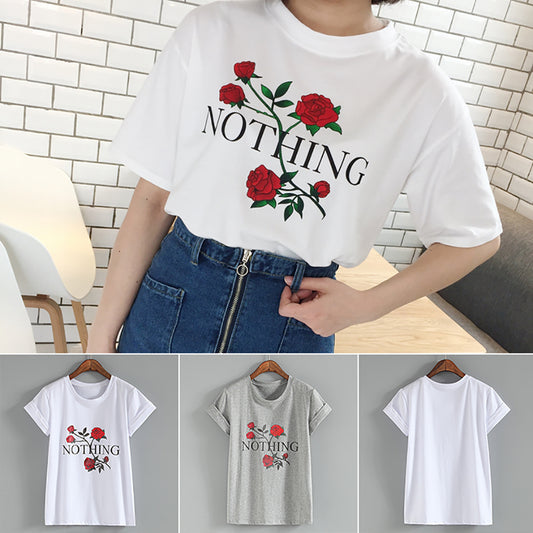 Nothing Letter Print Rose Flower Short Sleeve T-shirt Summer Women's Tee Top