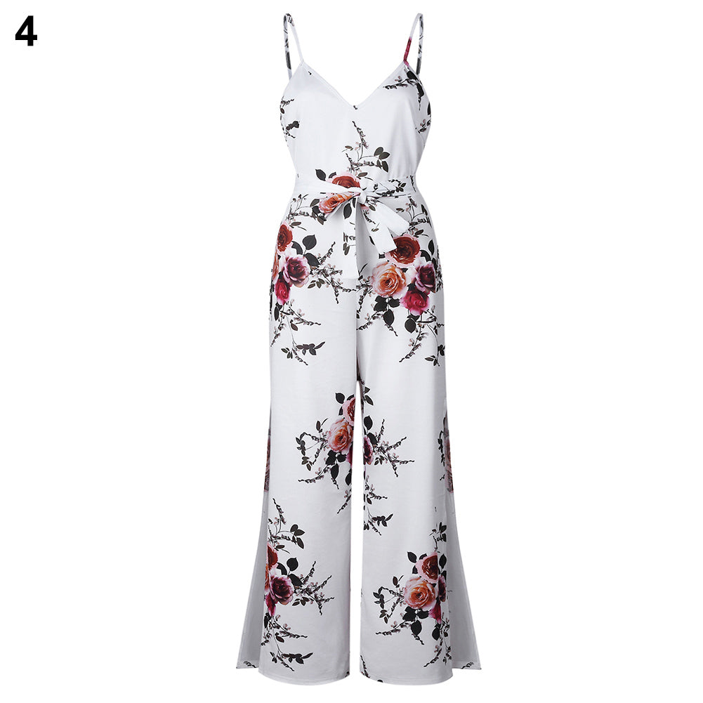 Women Sexy Long Pants Sleeveless Spaghetti Strap Jumpsuit Romper With Belt