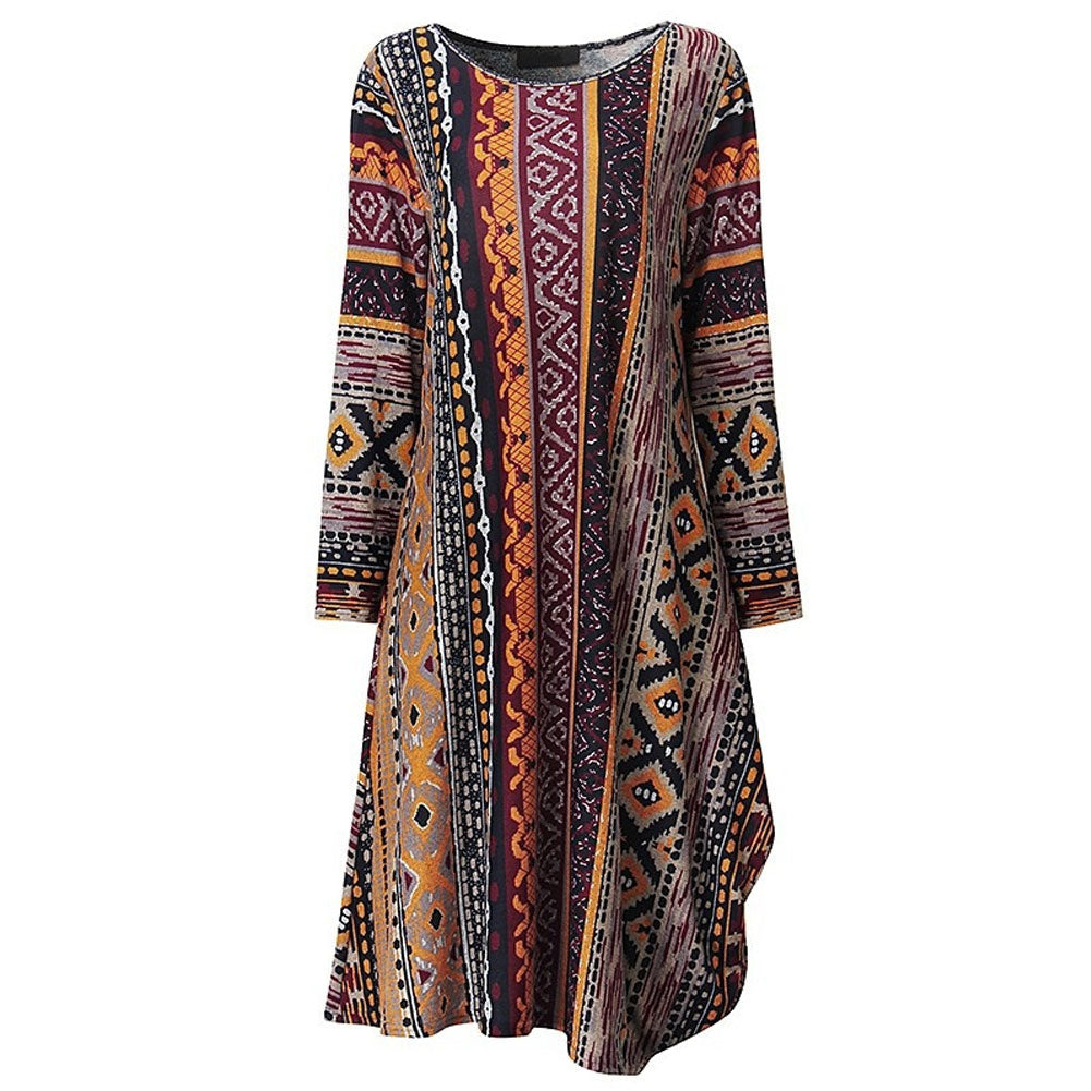 Retro Printed Round Neck Long Sleeve Irregular Women's Casual Loose Long Dress
