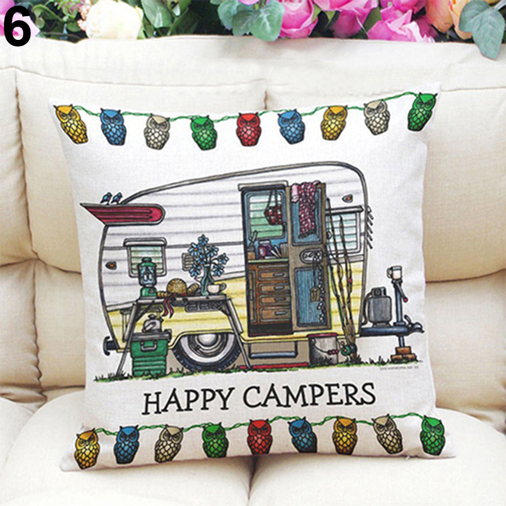 Happy Campers Soft Linen Pillow Sofa Case Waist Throw Cushion Cover Home Decor