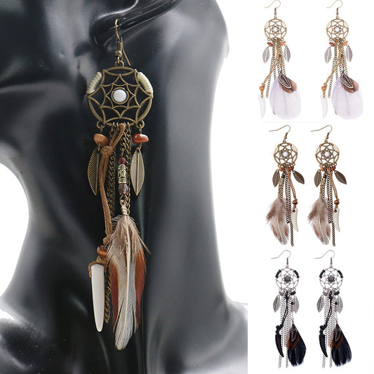 Retro Hollowed Star Feather Leaves Tassels Hook Earrings Women Ear Charm Decor