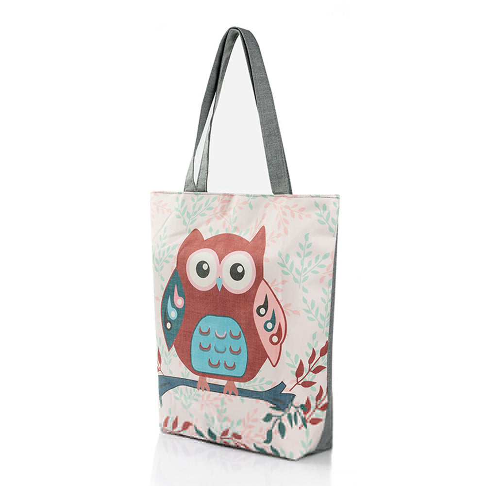 Cute Owl Floral Printed Canvas Tote Bag Women Casual Large Capacity Handbags