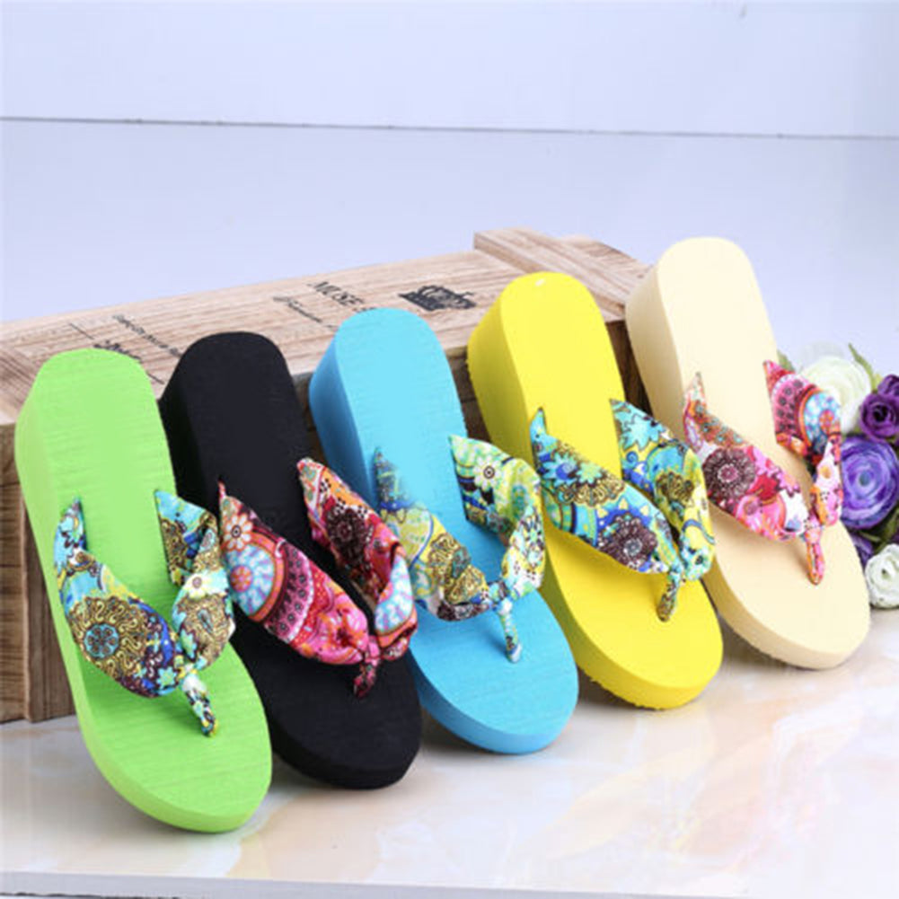 Women Summer Beach Soft Wedge Shoes Bohemia Flip Flops Flat Platform Slippers