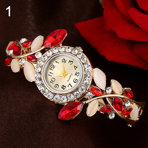 Women's Leaves Round Dial Rhinestone Inlaid Bracelet Quartz Dress Wrist Watch