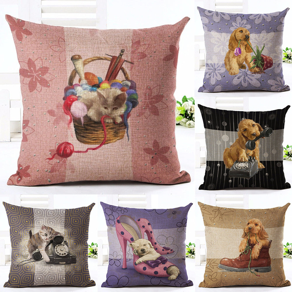 Cat Dog Pattern Linen Throw Pillow Case Sofa Bed Home Car Decor Cushion Cover