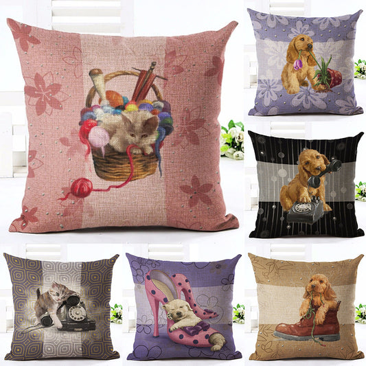Cat Dog Pattern Linen Throw Pillow Case Sofa Bed Home Car Decor Cushion Cover