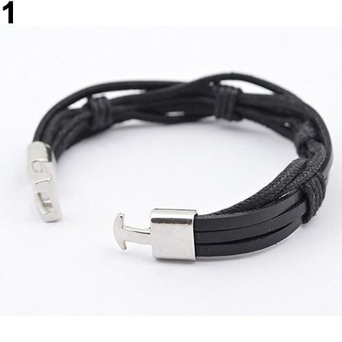 Men Surfer Hemp Faux Leather Hand Braided Multilayer Wristband Cuff Bracelet