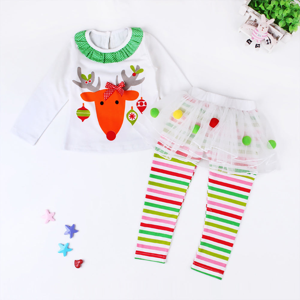 Christmas Kids Baby Girls Reindeer Top Stripe Tutu Pantskirt Set Clothes Outfits