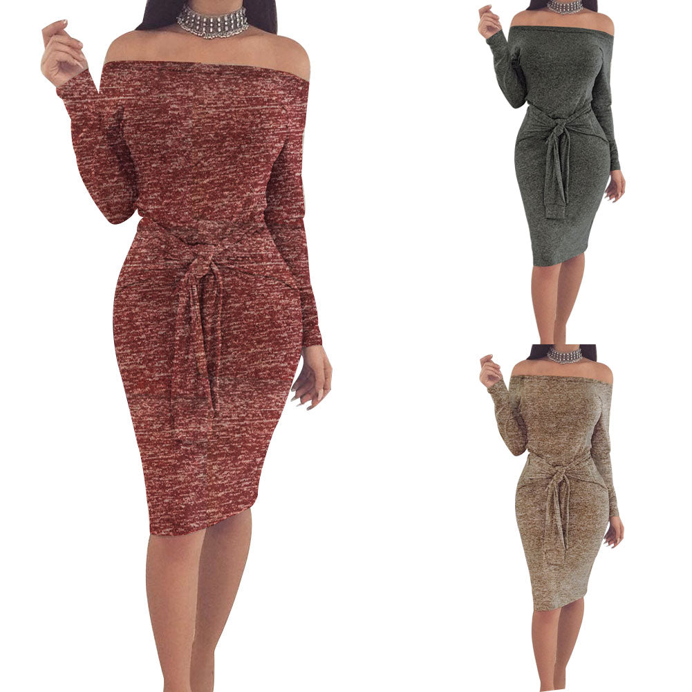 Women Off-Shoulder Long Sleeve Autumn Winter Sexy Bodycon Evening Party Dress