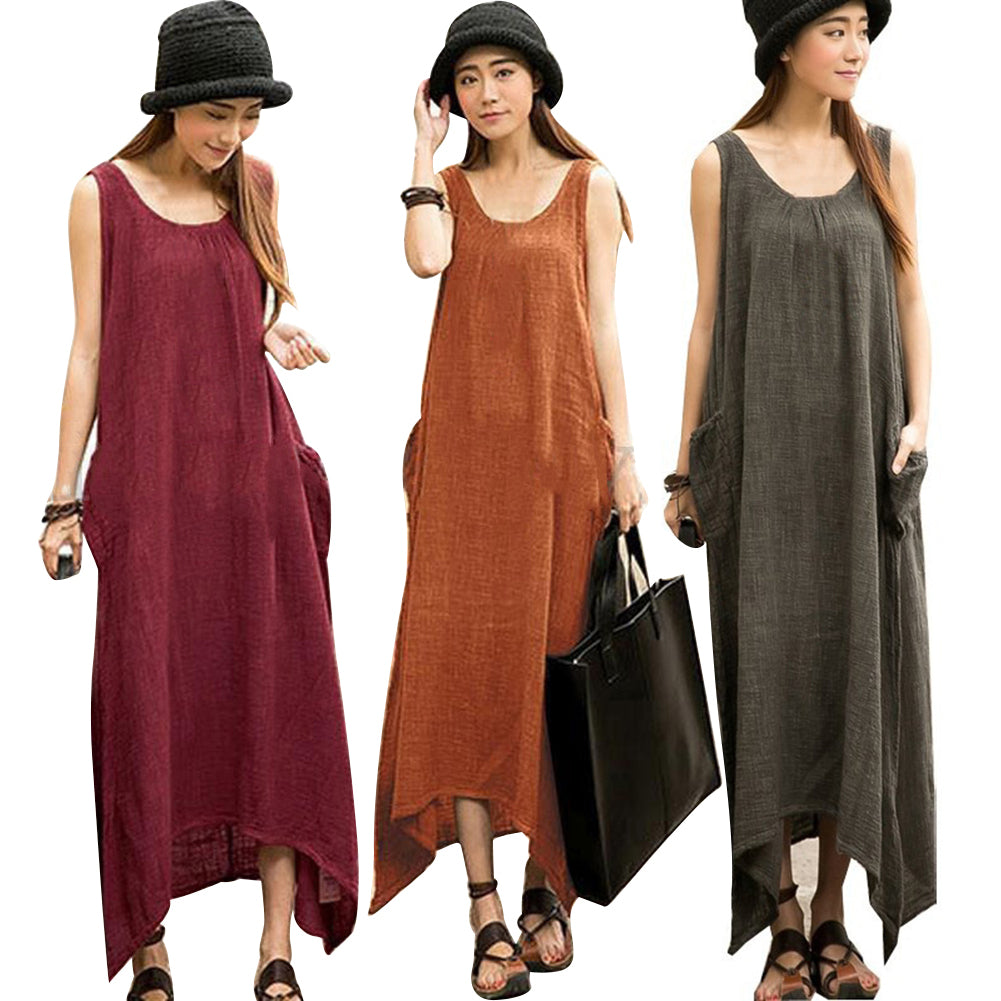 Boho Plus Size Sleeveless Casual Loose Solid Color Irregular Hem Long Maxi Dress