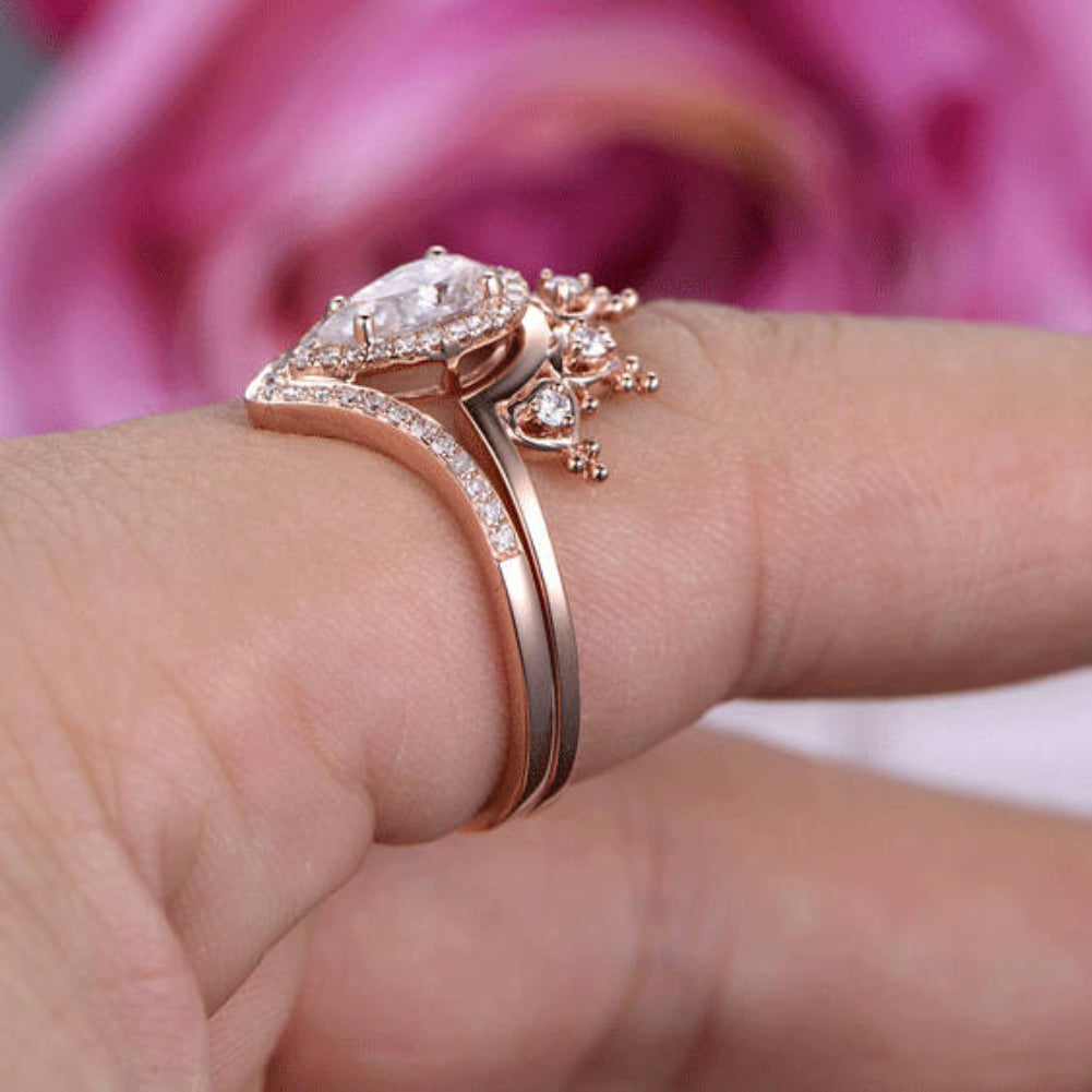 2Pcs Women Rings Set Chic Curved Crown Zircon Jewelry Engagement Party Gift