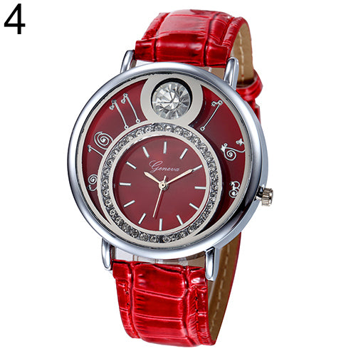 Women's Luxury Rhinestone Round Dial Faux Leather Strap Quartz Wrist Watch