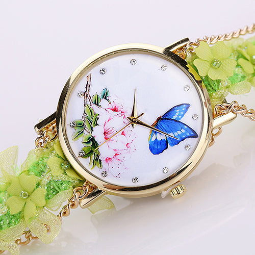 Lady Analog Golden Tone Case Flowers Butterfly Rhinestone Lace Alloy Chain Watch