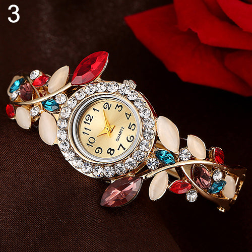 Women's Leaves Round Dial Rhinestone Inlaid Bracelet Quartz Dress Wrist Watch