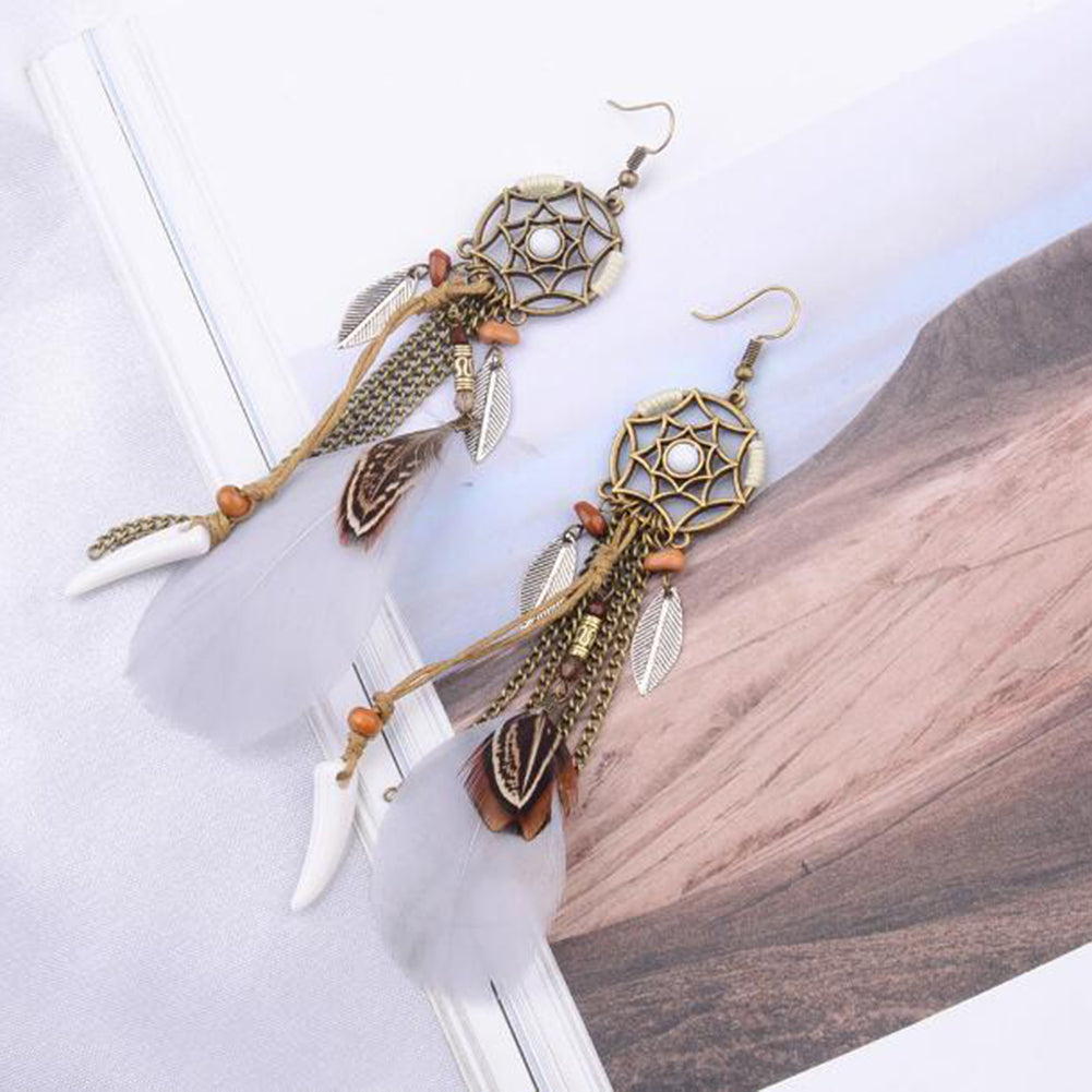 Retro Hollowed Star Feather Leaves Tassels Hook Earrings Women Ear Charm Decor