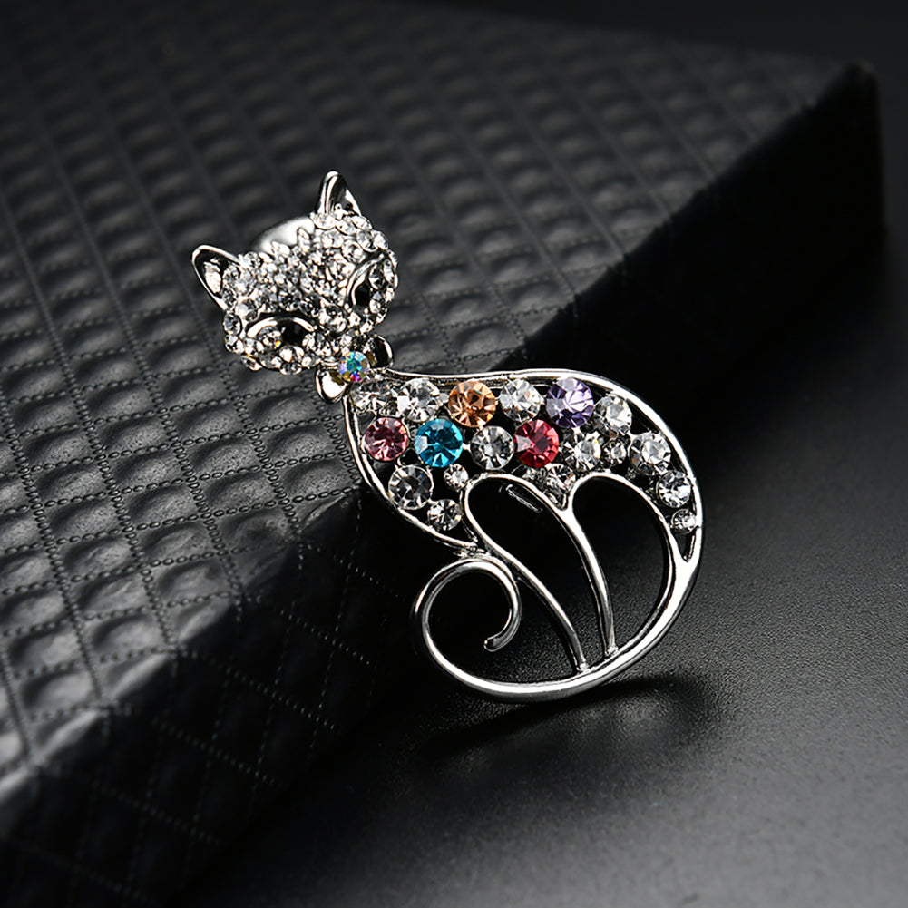 Women Cute Cat Fox Shiny Rhinestones Brooch Pin Badge Coat Dress Decor Jewelry