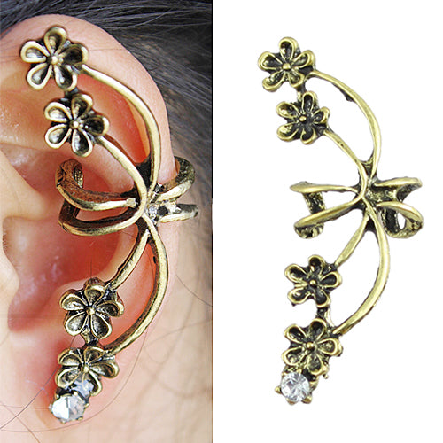 1Pc Women's Punk Vintage Bronze Tone Plum Flower Rhinestone Ear Cuff Earring