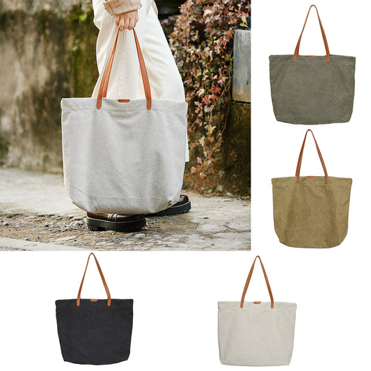 Faux Leather Strap Canvas Bag Shopping Travel Large Capacity Shoulder Handbag