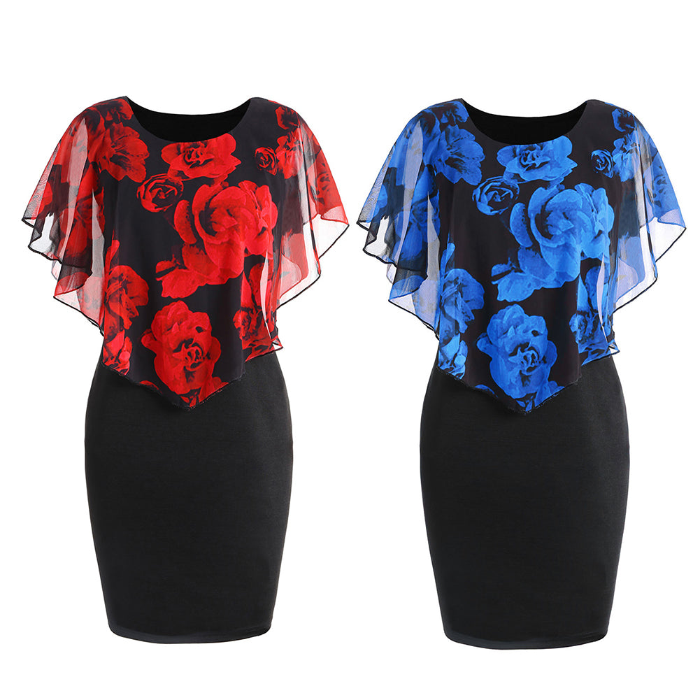 Fashion Elegant Rose Floral Print Shawl Design Round Neck Slim Fit Women Dress
