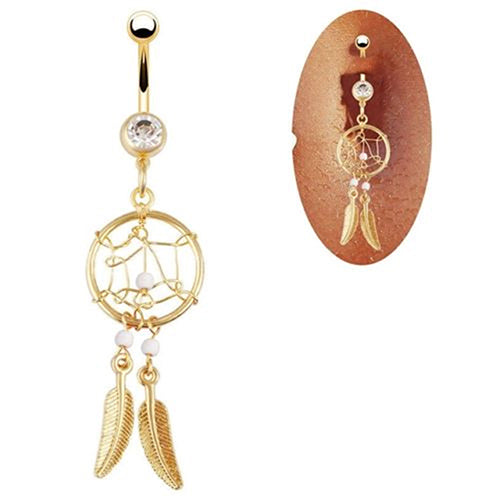 Gold-tone Dream Catcher Feather Rhinestone Beads Belly Button Navel Ring Barbell
